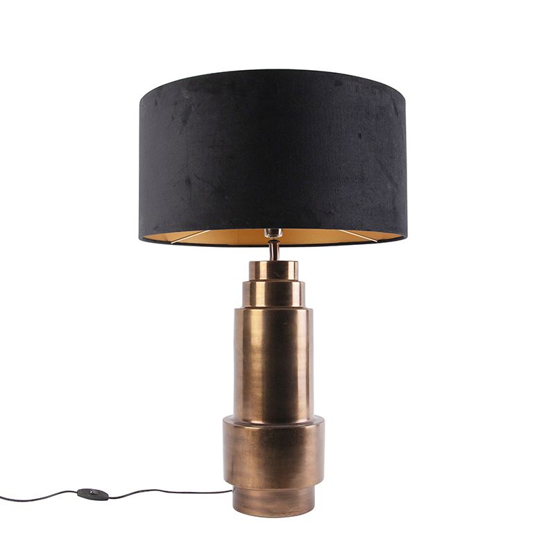 Art deco tafellamp brons velours kap zwart met goud 50 cm - Bruut