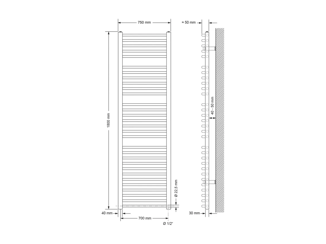 Radiateur de salle de bains Sahara Raccord latéral sèche-serviettes blanc 750x1800 mm