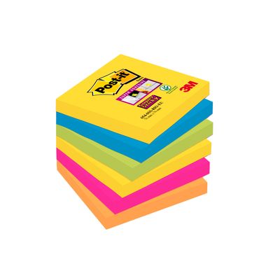 Post-it - 6 Blocs notes de 90 feuilles Super Sticky Rio - couleurs vives assorties - 76 x 76 mm