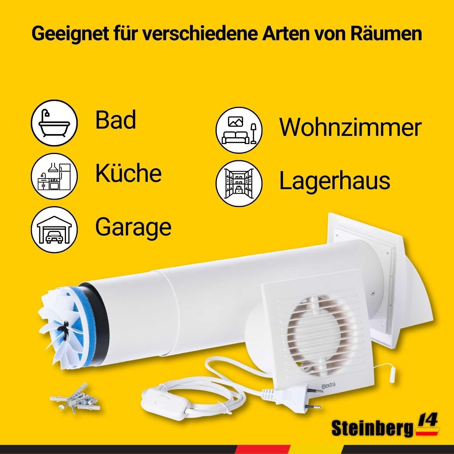 Steinberg14 Weiß 100mm Dezentrale Lüftung mit Wärmerückgewinnung - Rekuperator mit Kabel und Zugschnur - Wandlüfter mit Wärmetauscher - Raumbelüftung Wohnraumlüftung Belüftungssystem Lüftungsanlage