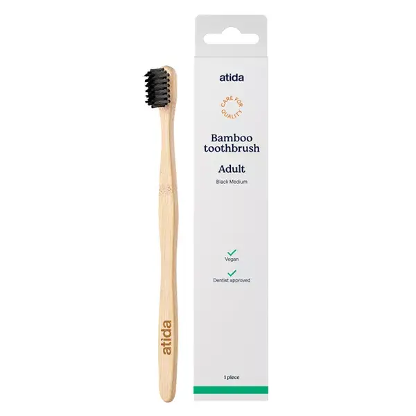 Escova de dentes Atida Oral-Body de bambu, tamanho adulto médio, preta.