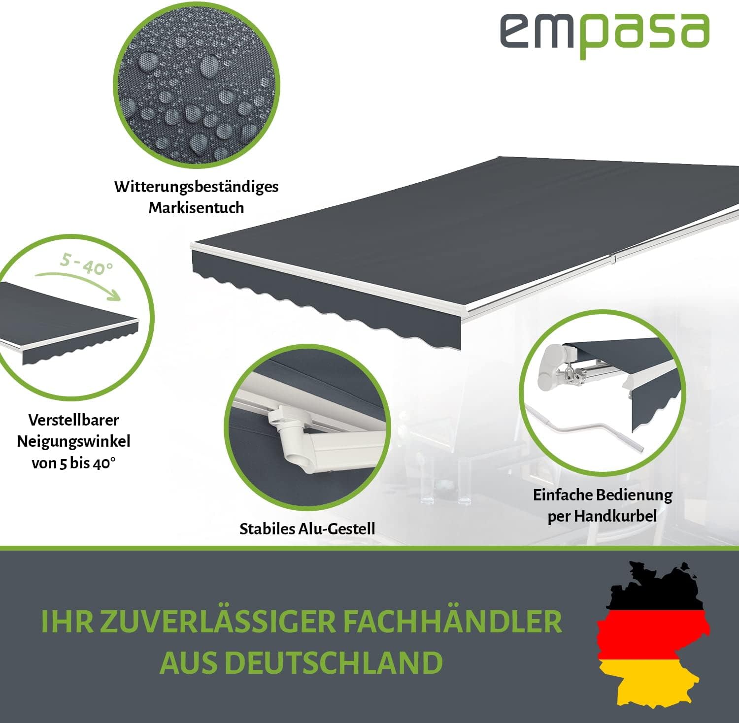 empasa manuelle Gelenkarmmarkise Markise 'Start' Sonnenmarkise Sonnenschutz mit weißem Aluminium Rahmen, komplett vormontiert, anthrazit oder Elfenbein