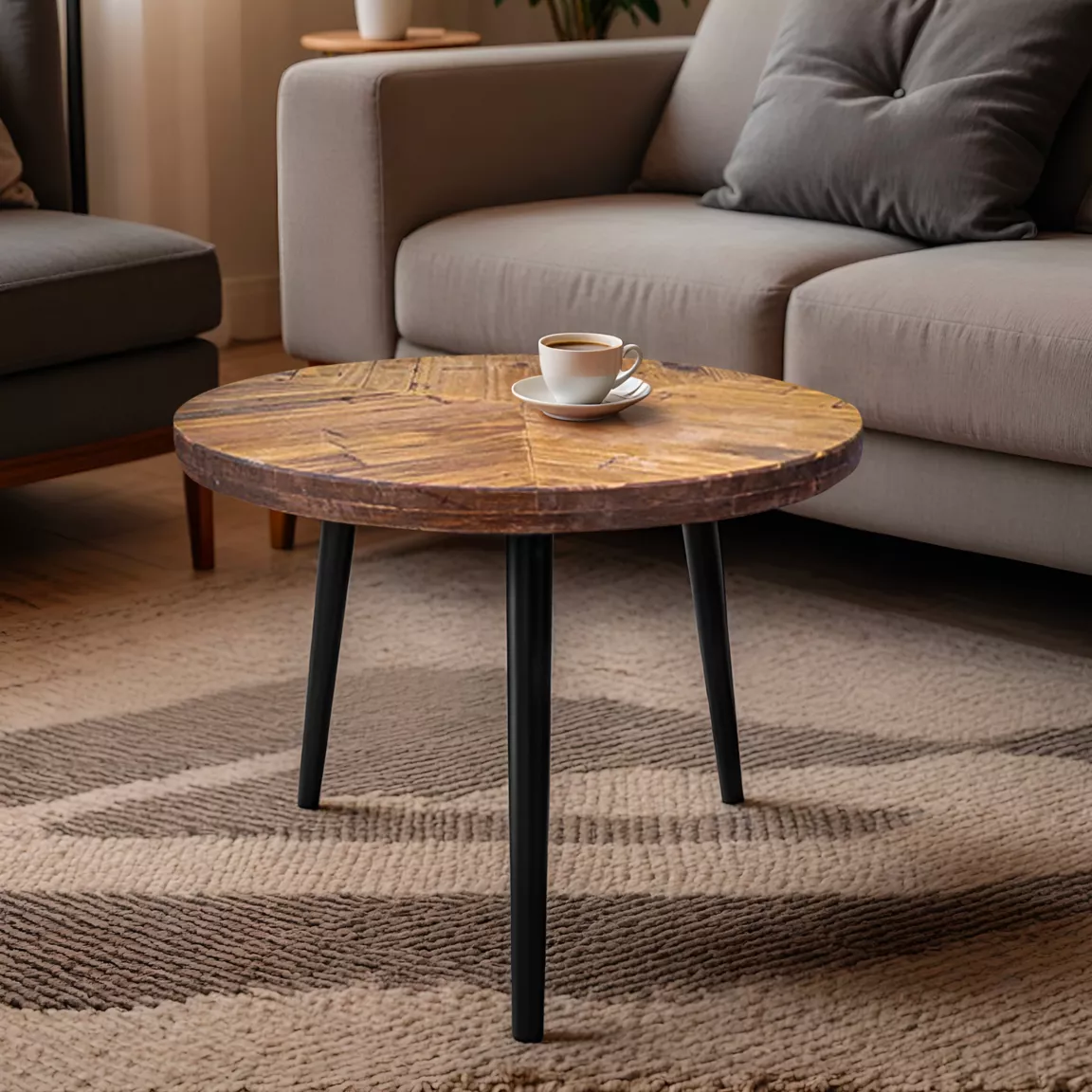 Table basse ronde en bois (H40 cm) Davao Noir et marron