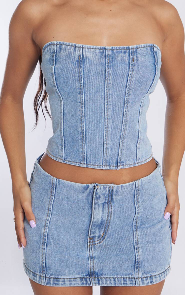 Light Blue Wash Top Corset Bustier En Denim Petite