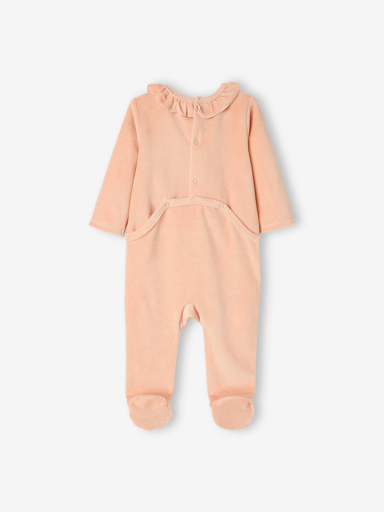 Macacão infantil DS® Bambi em veludo rosa claro liso com estampas.
