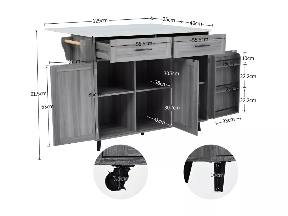 Ilot central de cuisine mobile - Plateau extensible - 2 tiroirs + portes d'armoire de rangement - Gris