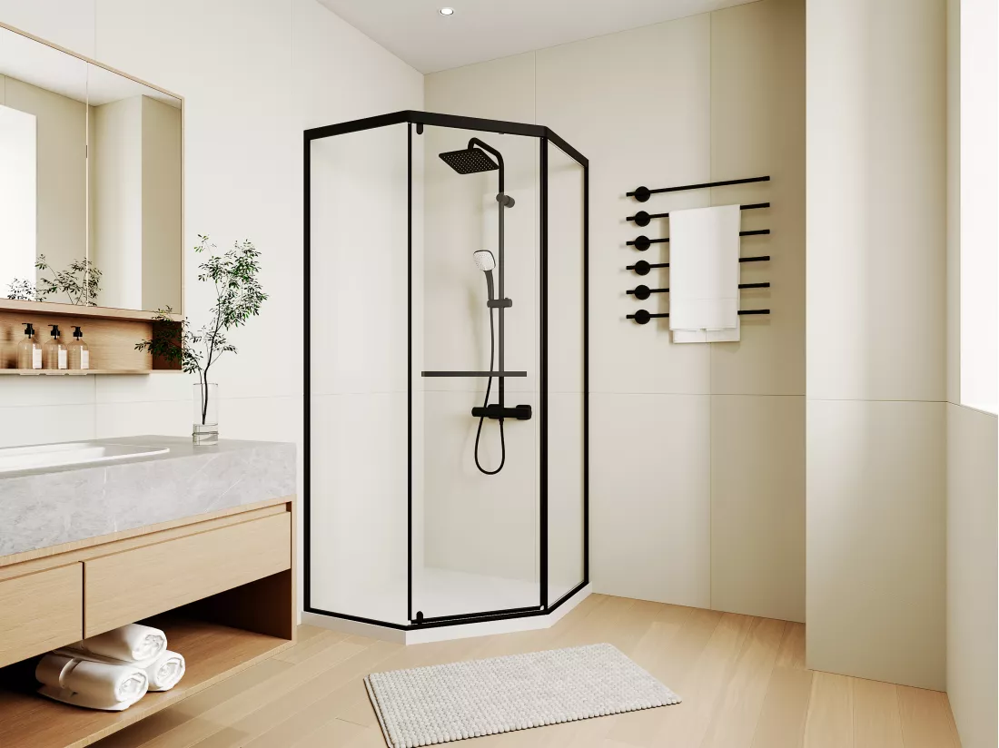 Paroi de douche pentagonale avec receveur - 90 x 90 x 195 cm - Noir mat - CRISTELIO