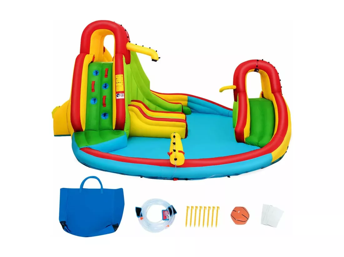 Château Gonflable pour 3 Enfants 3-10 Ans avec 2 Toboggans,Bassin d'Eclaboussement, Terrain de Basket Charge Max160KG Extérieur Souffleur Non-Inclus