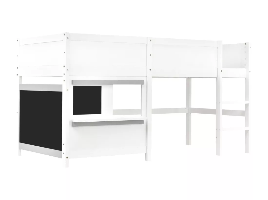 Lit mi-hauteur scandinave pour enfant, avec deux planches graffitistes, 3 escaliers, 90x200cm