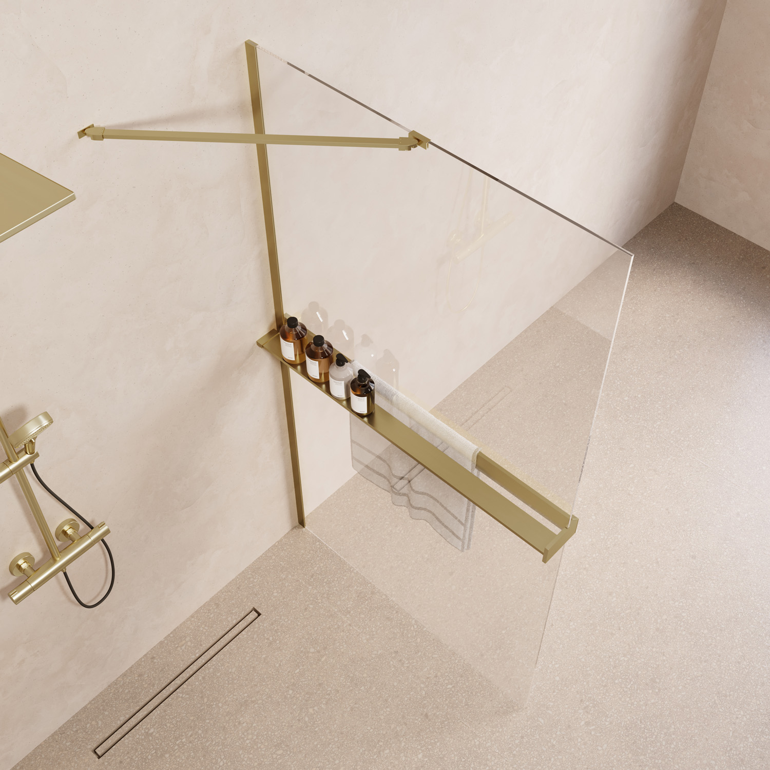 Saniclear Oblique inloopdouche 120cm met handdoekhouder en helder glas geborsteld messing - mat goud