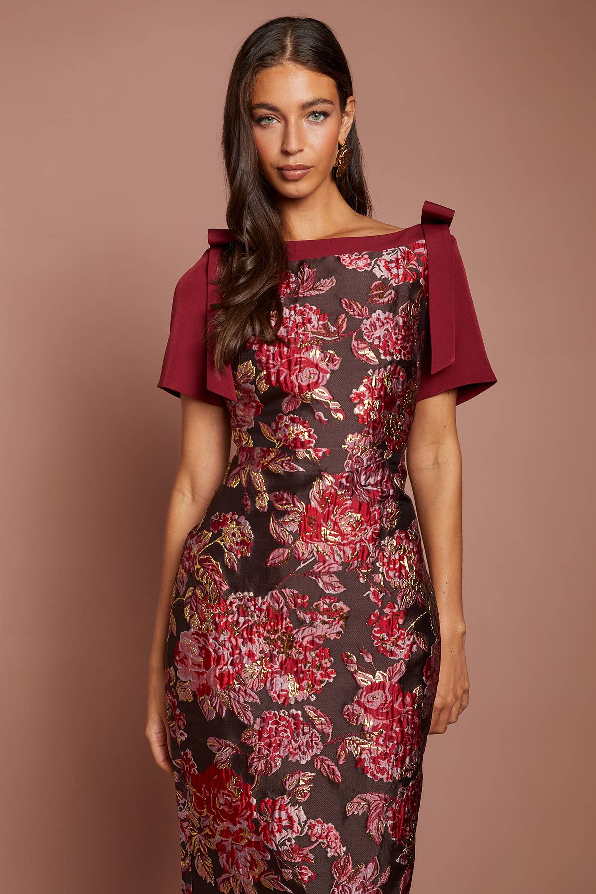 Coast Robe Midi Jacquard À Manches Courtes Avec Nœud Décoratif