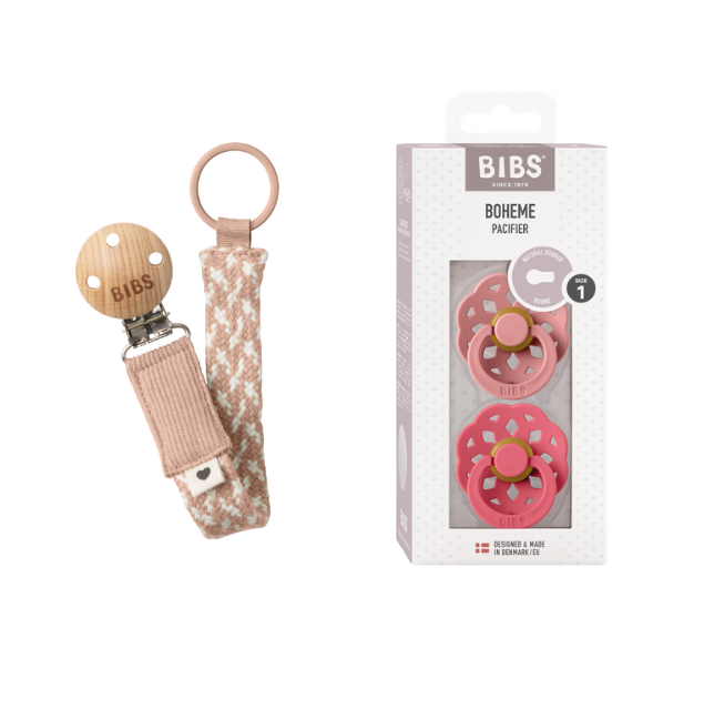 BIBS - Pacifier Boheme 2 PACK - Dusty Pink/Coral - Size 1 + Pacifier Clip Braided - Blush/Ivory - Onesize (Bundle)