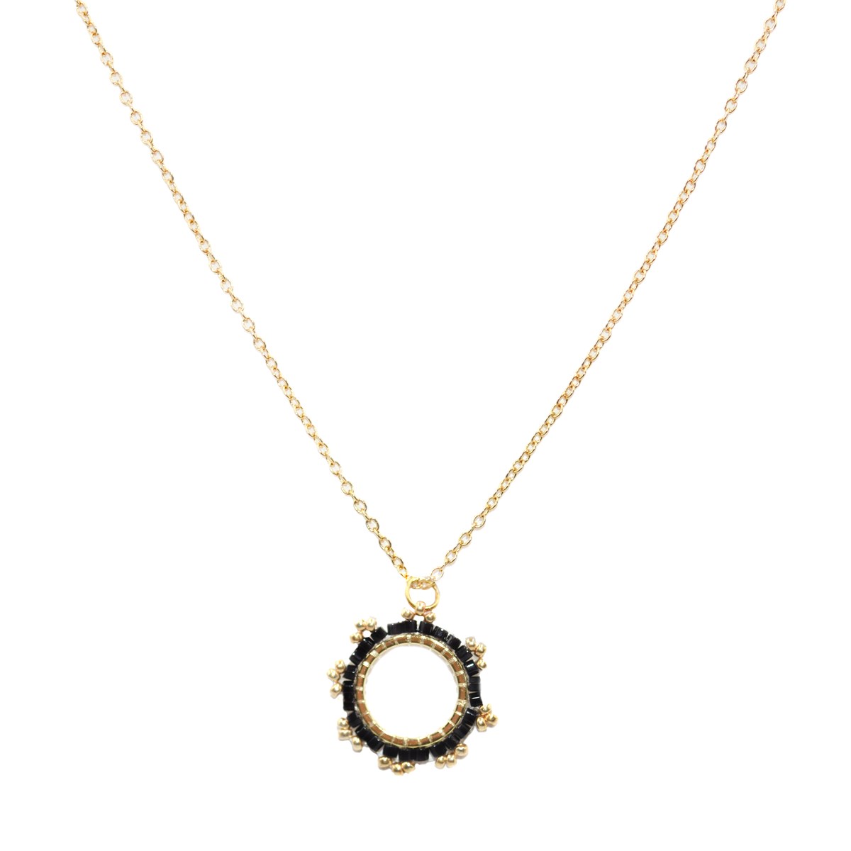 Collier avec pendentif tissé mains- Perles  miyuki Noir -Doré à l'or fin