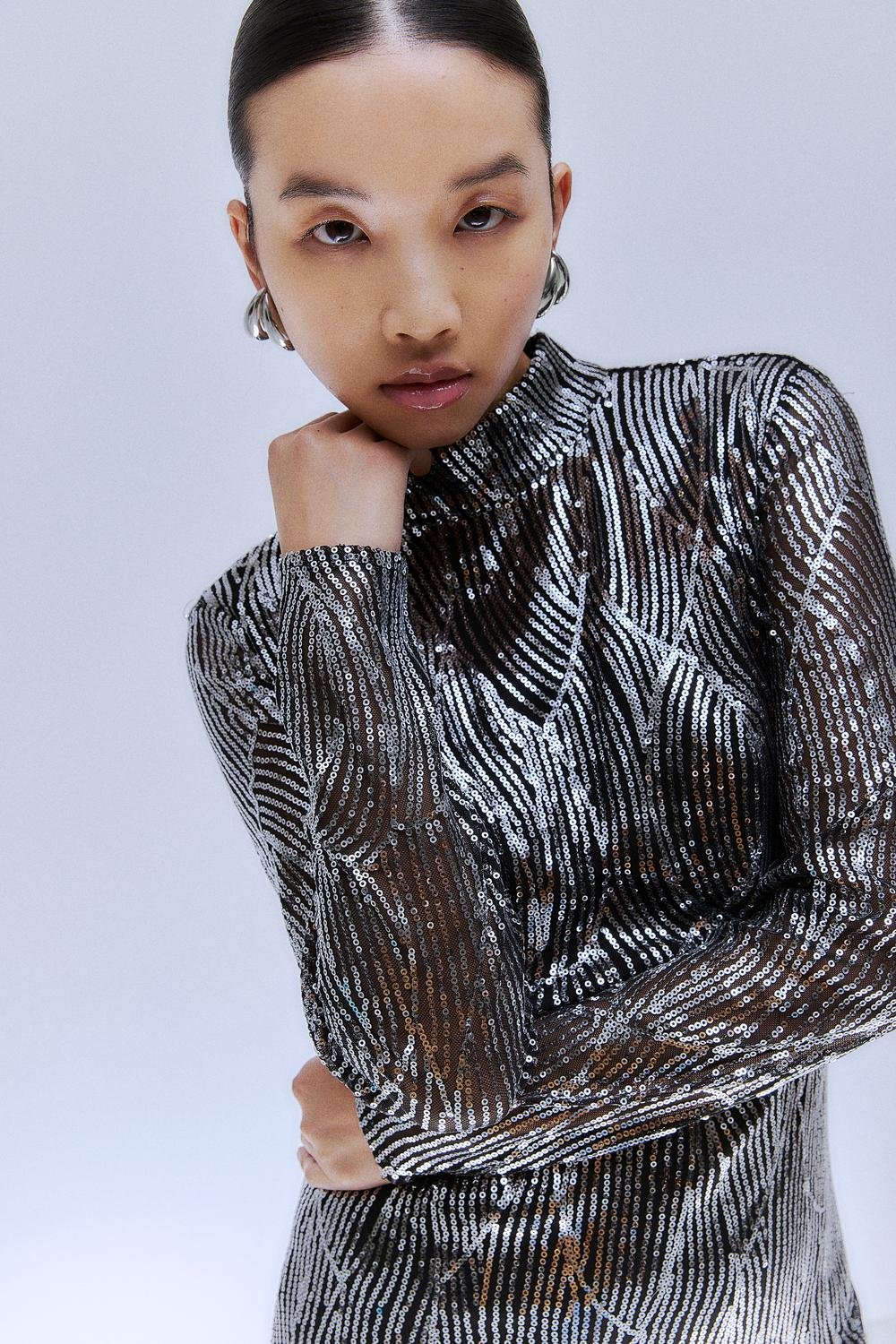 Vila  Vigigi Highneck Sequin L/S midi kjole - Black Beauty