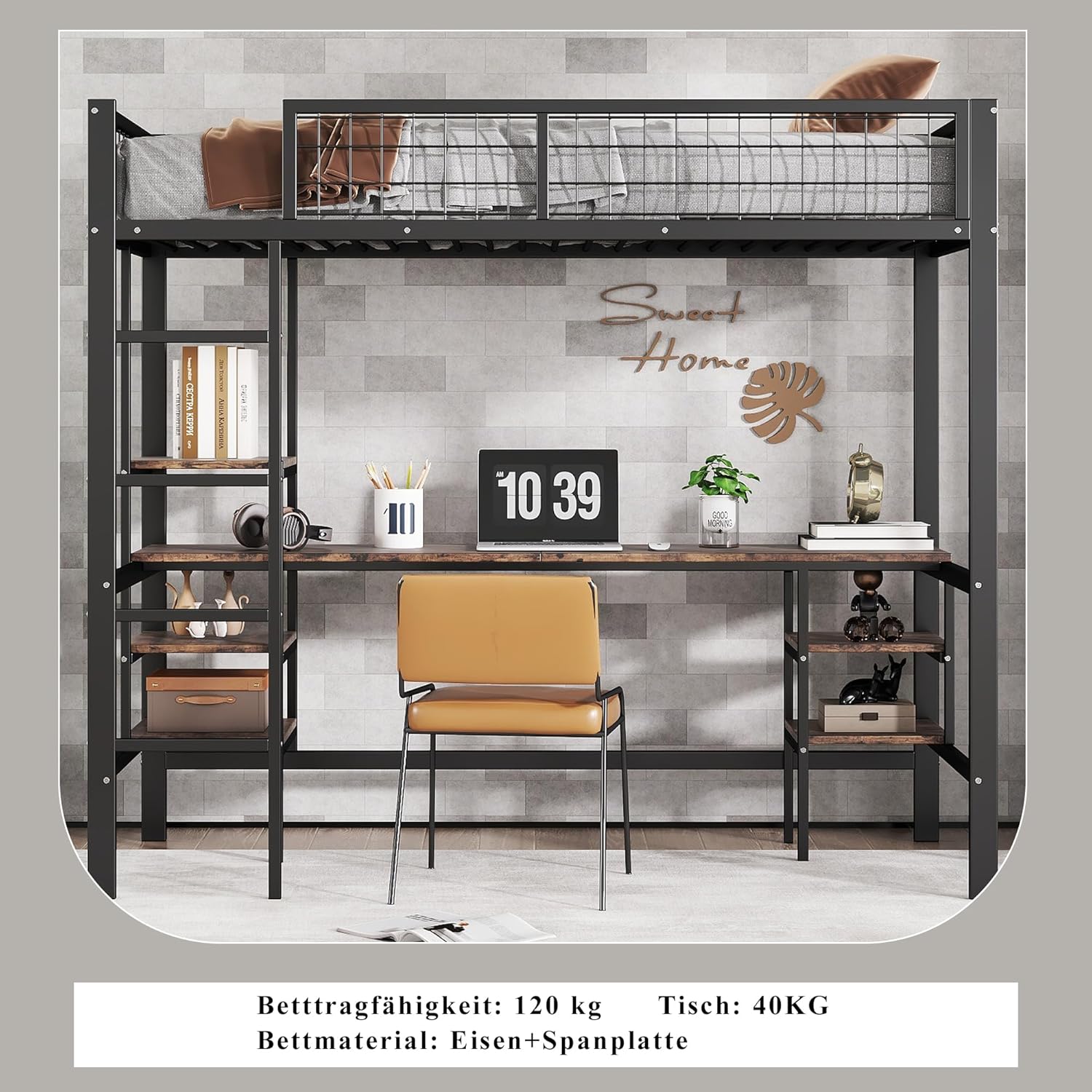 Merax Hochbett 90x200cm mit Schreibtisch & Lagerregal, Stabile Metallbett Etagenbett mit Lattenrost & Rausfallschutz, Platzsparend Stockbett Kinderhochbett Jugendhochbett, Eisen+Spanplatte, Schwarz