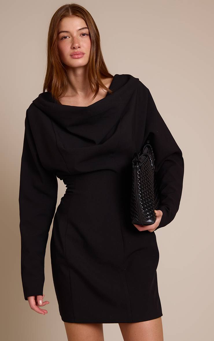 Noir Robe Ajustée Tissée À Col Drapé