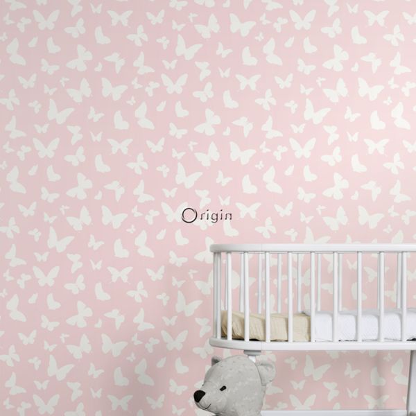 Estahome Vlinders Behang - 0,53 x 10,05 m - Glanzend Roze / Wit