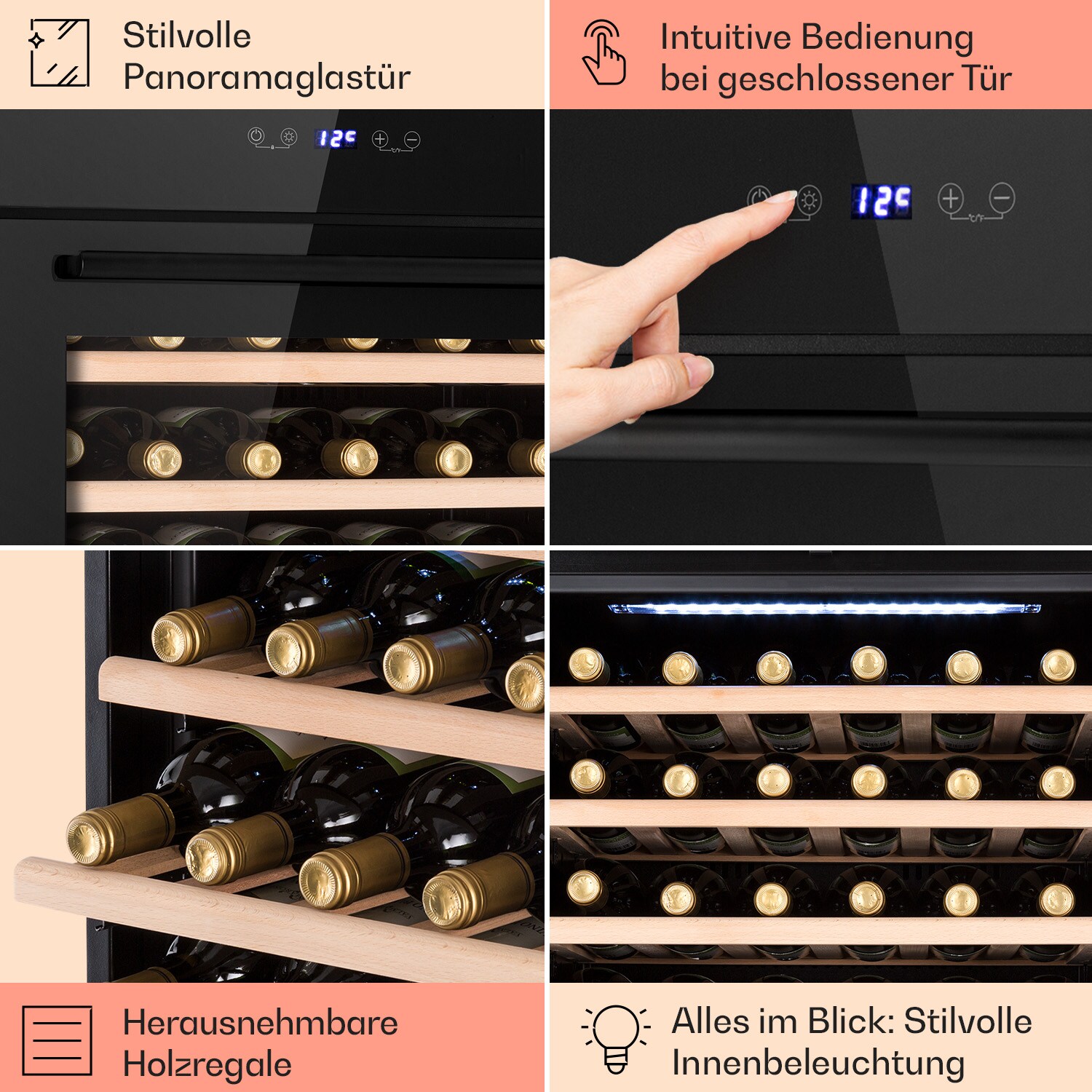 Vinsider 30 Built-In Uno Einbau-Weinkühlschrank 30 Flaschen 77 Ltr Edelstahl Schwarz 30 Flaschen 1 Kühlzone