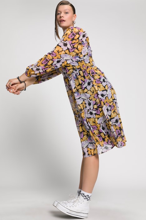 Blumen-Kleid, A-Line, Carree-Ausschnitt, Langarm, Jersey-Unterkleid