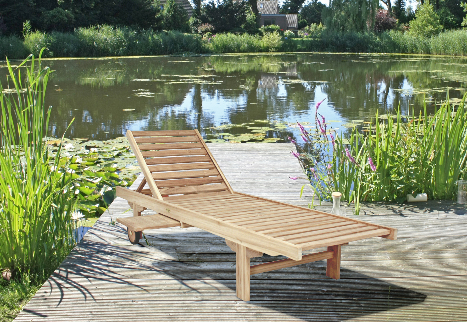Sonnenliege SOLO - natur - Teak Massivholz - mit Ablage