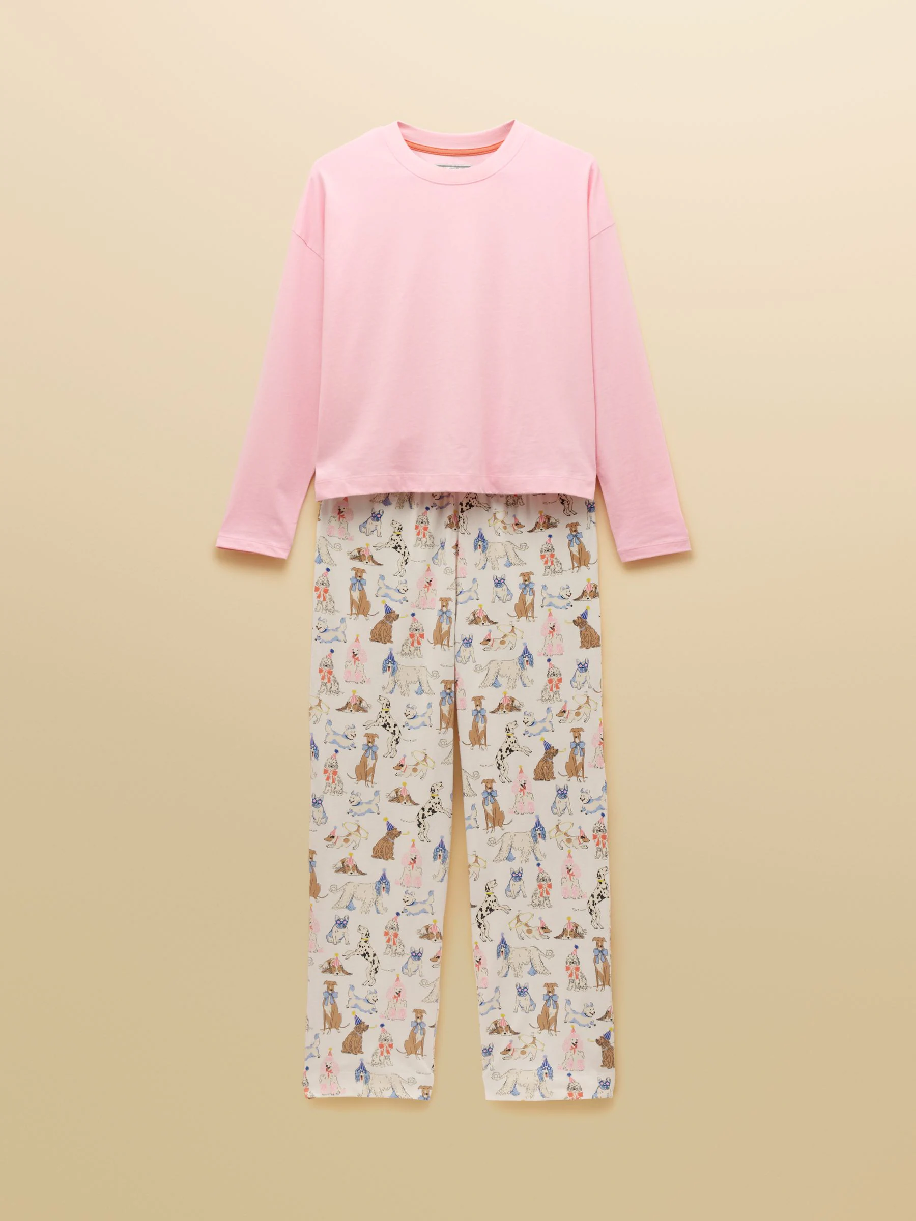Pink & Cream Party Dogs - Joules Lyla Long Sleeve Jersey Cotton Pyjama Set