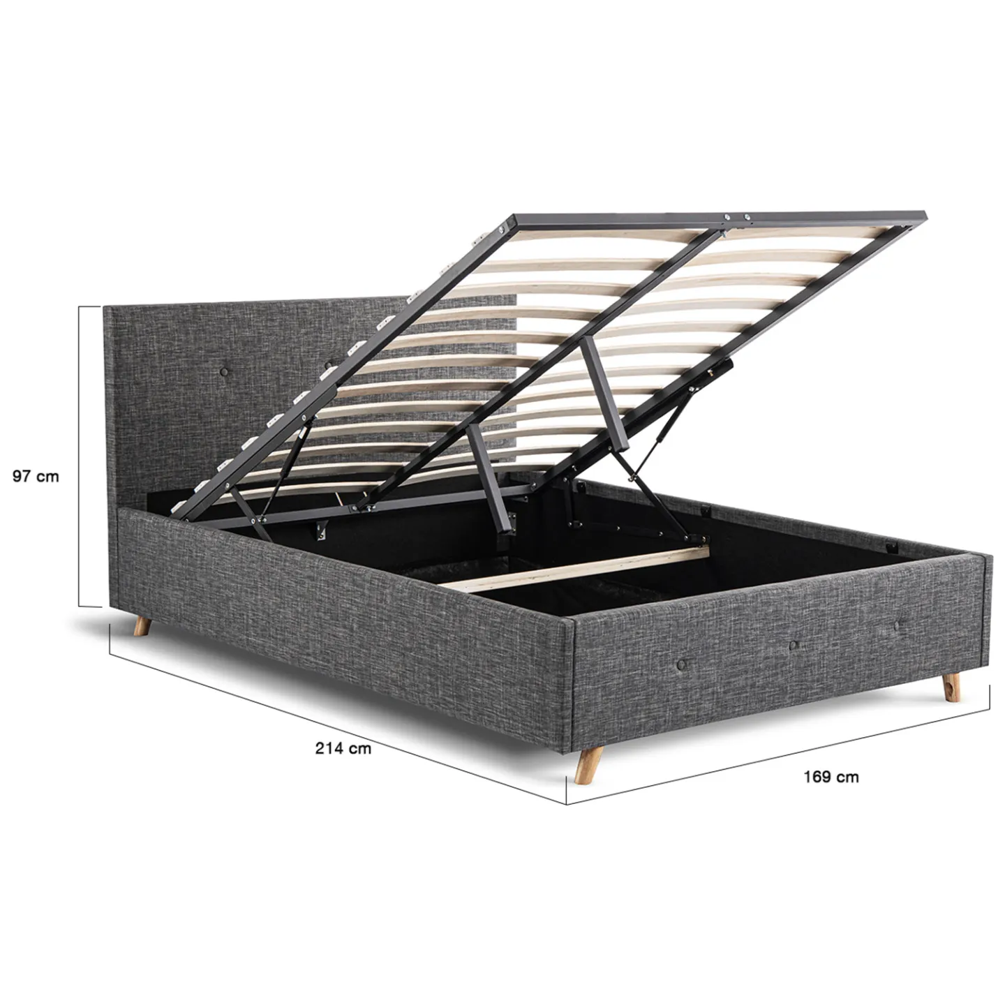 Lit coffre double scandinave LULEA avec tête de lit et sommier 160 x 200 cm tissu gris anthracite