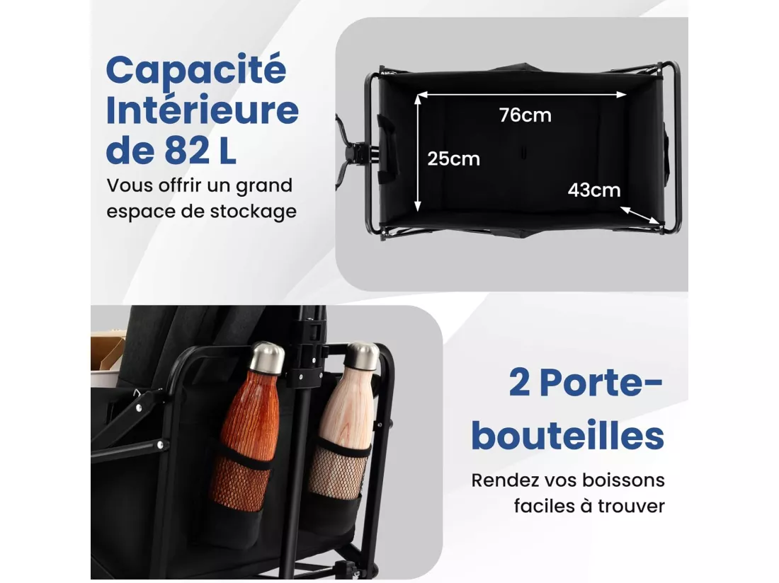 Chariot de Plage Pliable 82 L, Chariot de Transport avec Poignée Réglable et Porte-Boissons Charge 68 kg, Chariot Utilitaire Extérieur pour Jardin Camping Pêche (Noir)