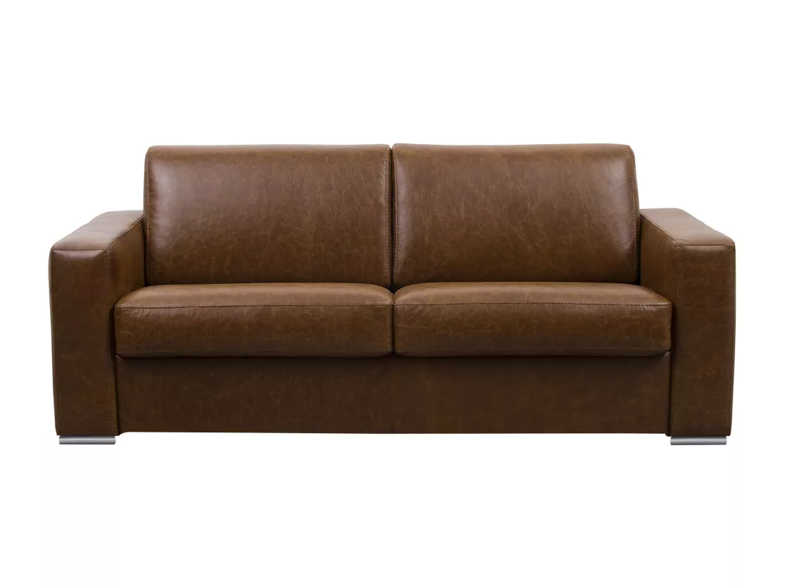 Canapé 3 places convertible express 100% cuir de buffle vintage caramel matelas 16cm DELECTEA II