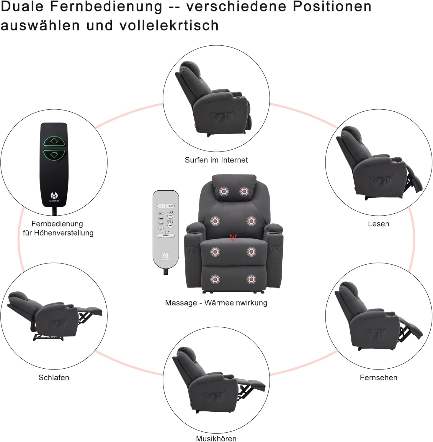 M MCombo Elektrisch Relaxsessel Massagesessel Fernsehsessel Liegefunktion Vibration Heizung 7061 neues Modell (Dunkelgrau -Mikrofaser)