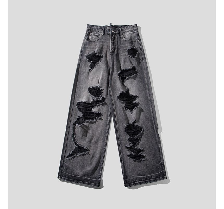 purplelouve - Mid Rise Washed Distressed Wide Leg Jeans