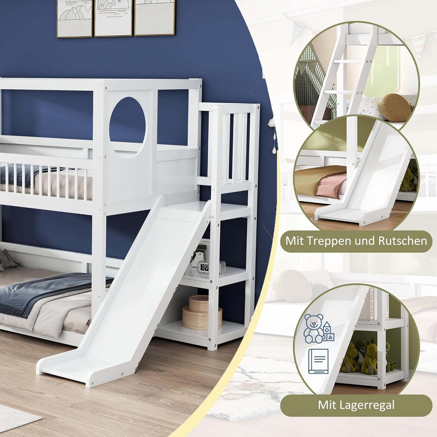 Merax Etagenbett 90x200cm mit Rutsche, Kinderbett mit Regal & Sicherheitsleiter, Hochbett mit Stauraum, für Jungen, Mädchen, Weiß (Ohne Matratze)