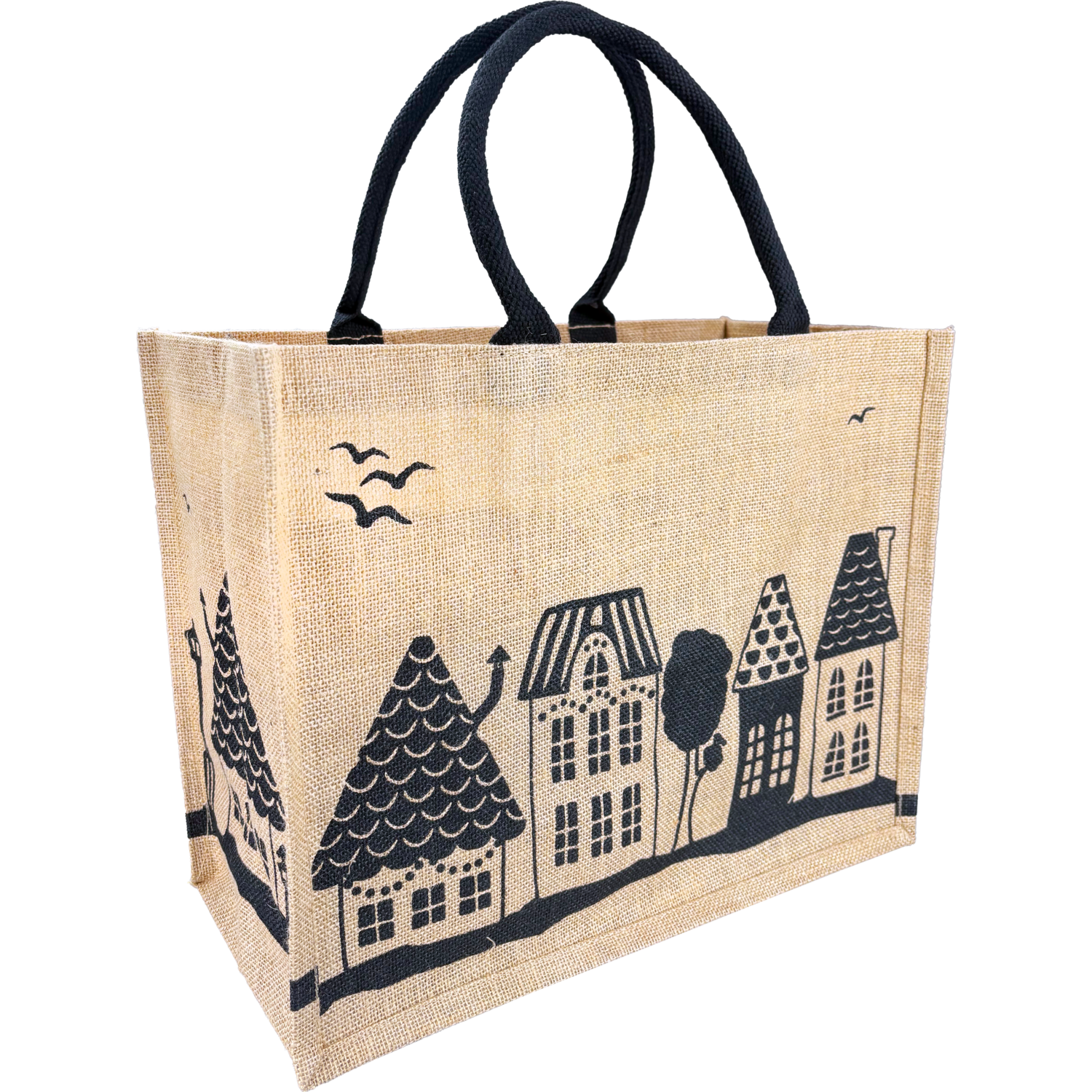 Shopper, Kerstmis, Jute, Huisjes, 43x 20x34cm, naturel/zwart