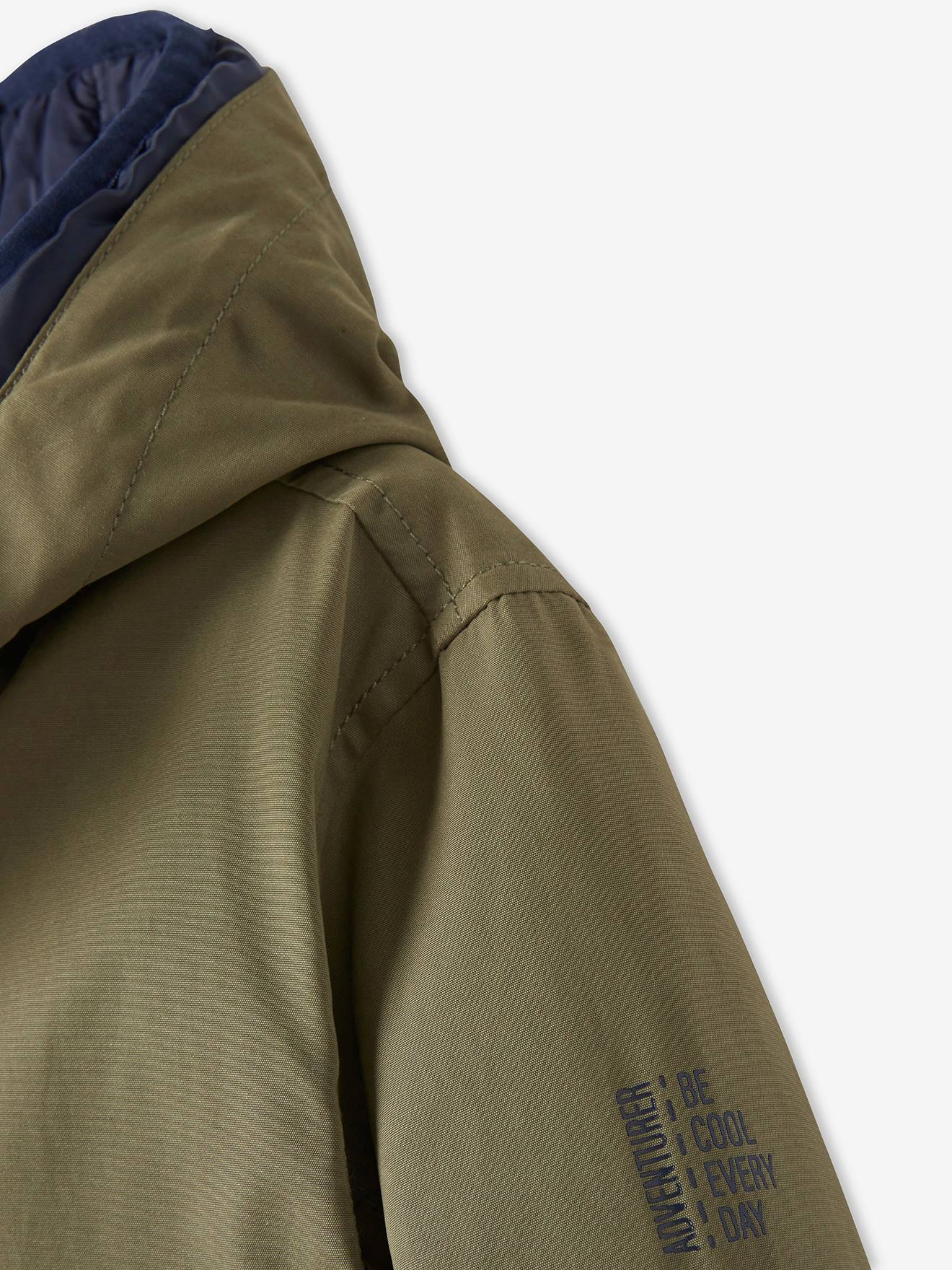 Parka 3 em 1 para meninos, verde-escuro liso com estampas.