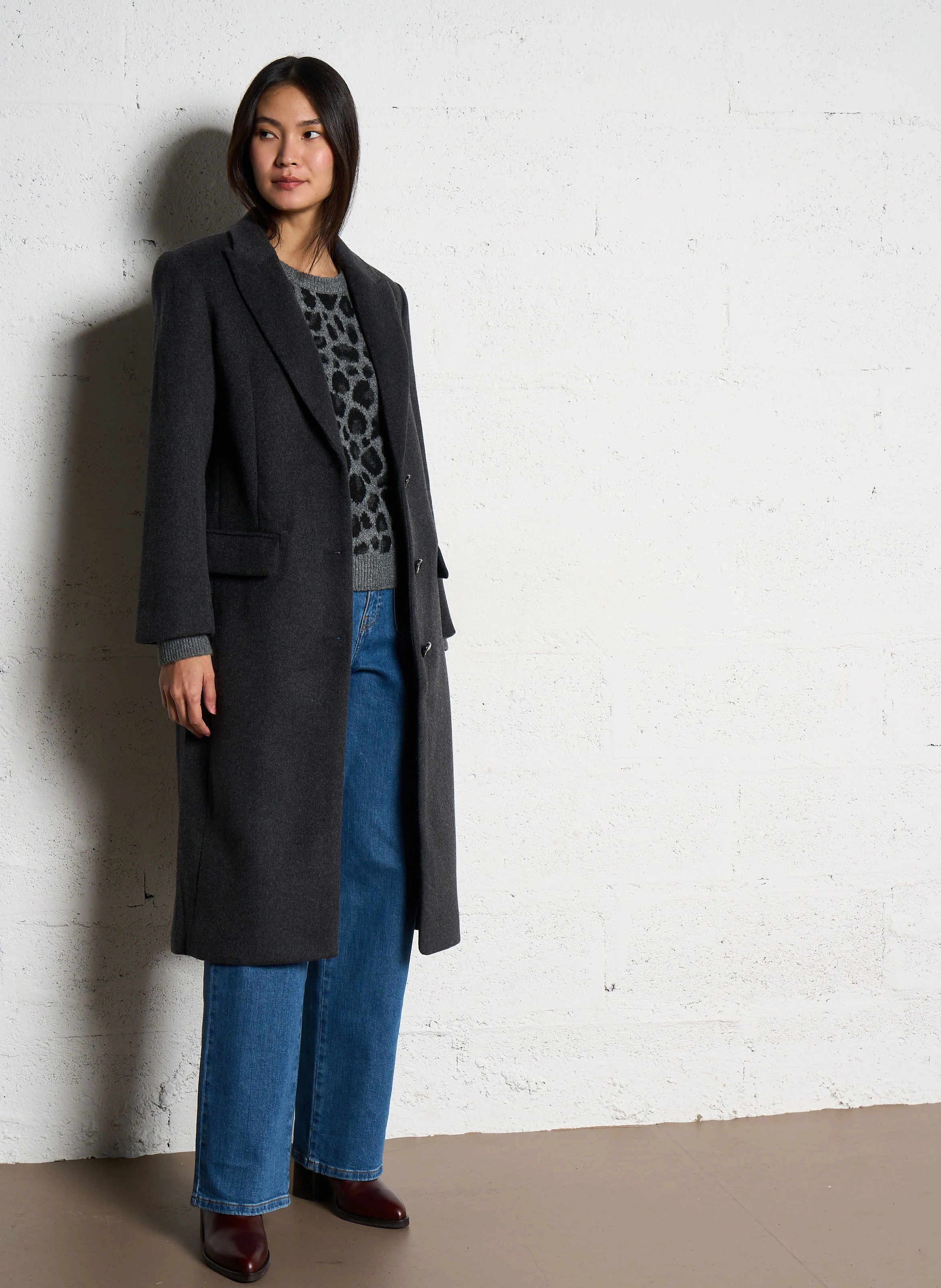 GIANA - Manteau long droit col tailleur | Gris