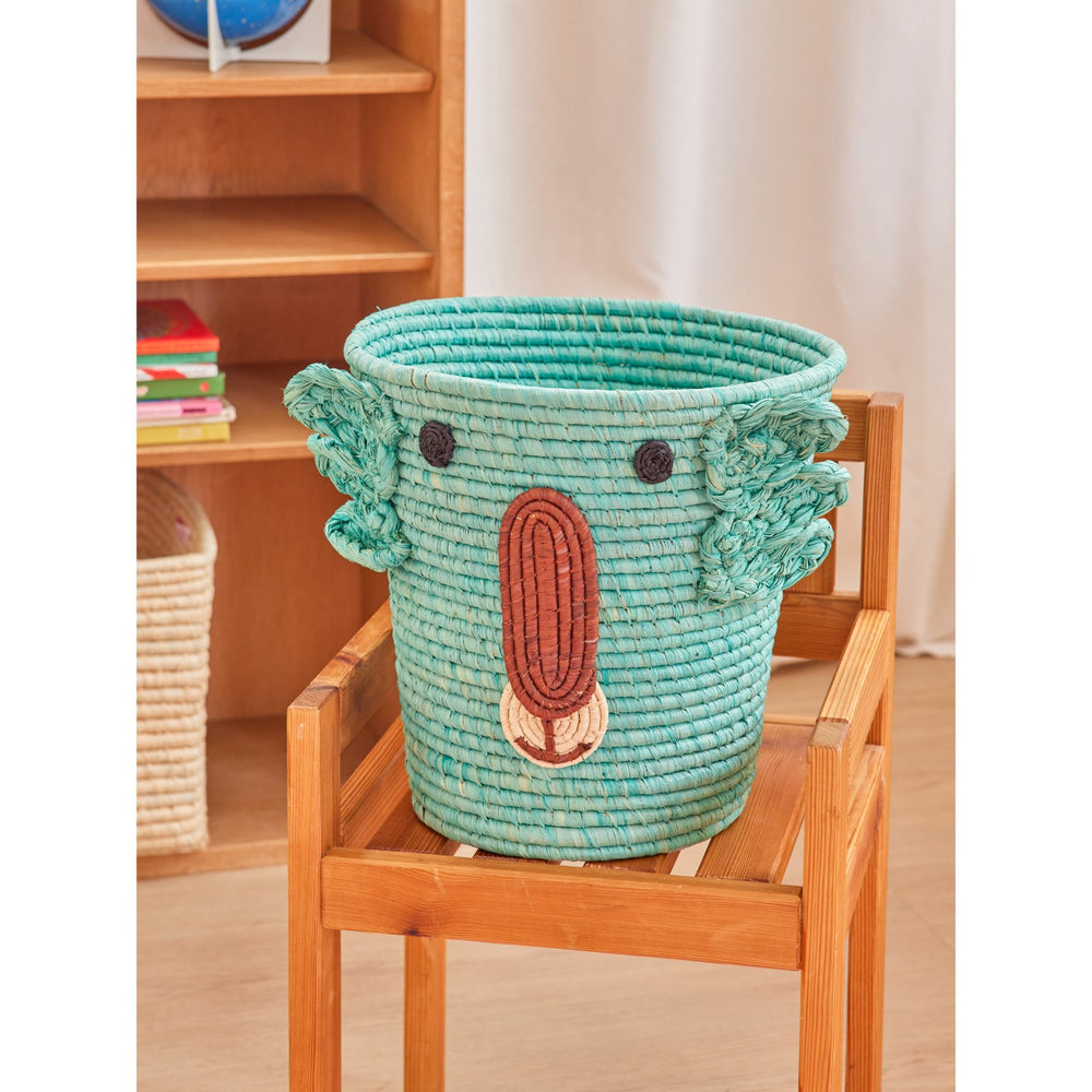 Køb Rice Round Raffia Kurv Med Koala Head - Aqua