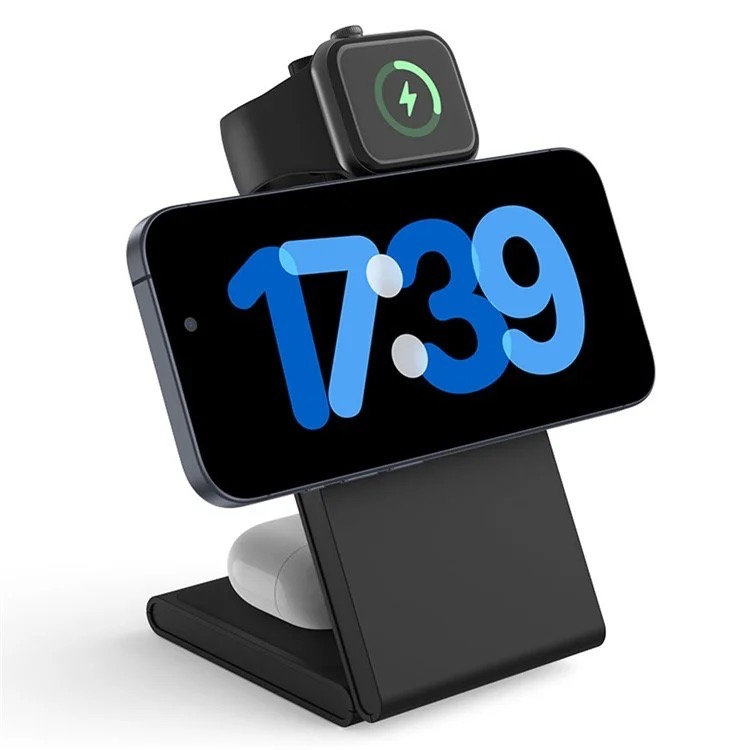 (15W) 3in1 MagSafe Ladegerät Qi2 Wireless Charger Faltbarer Ladeständer für Apple Watch / Smartphone / AirPods - Schwarz