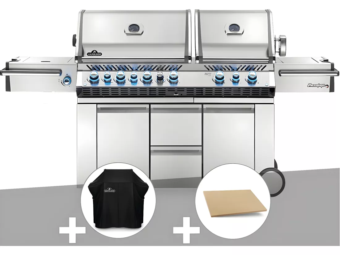 Barbecue à gaz Prestige Pro 825 + Housse de protection + Pierre à pizza large rectangle - Napoleon