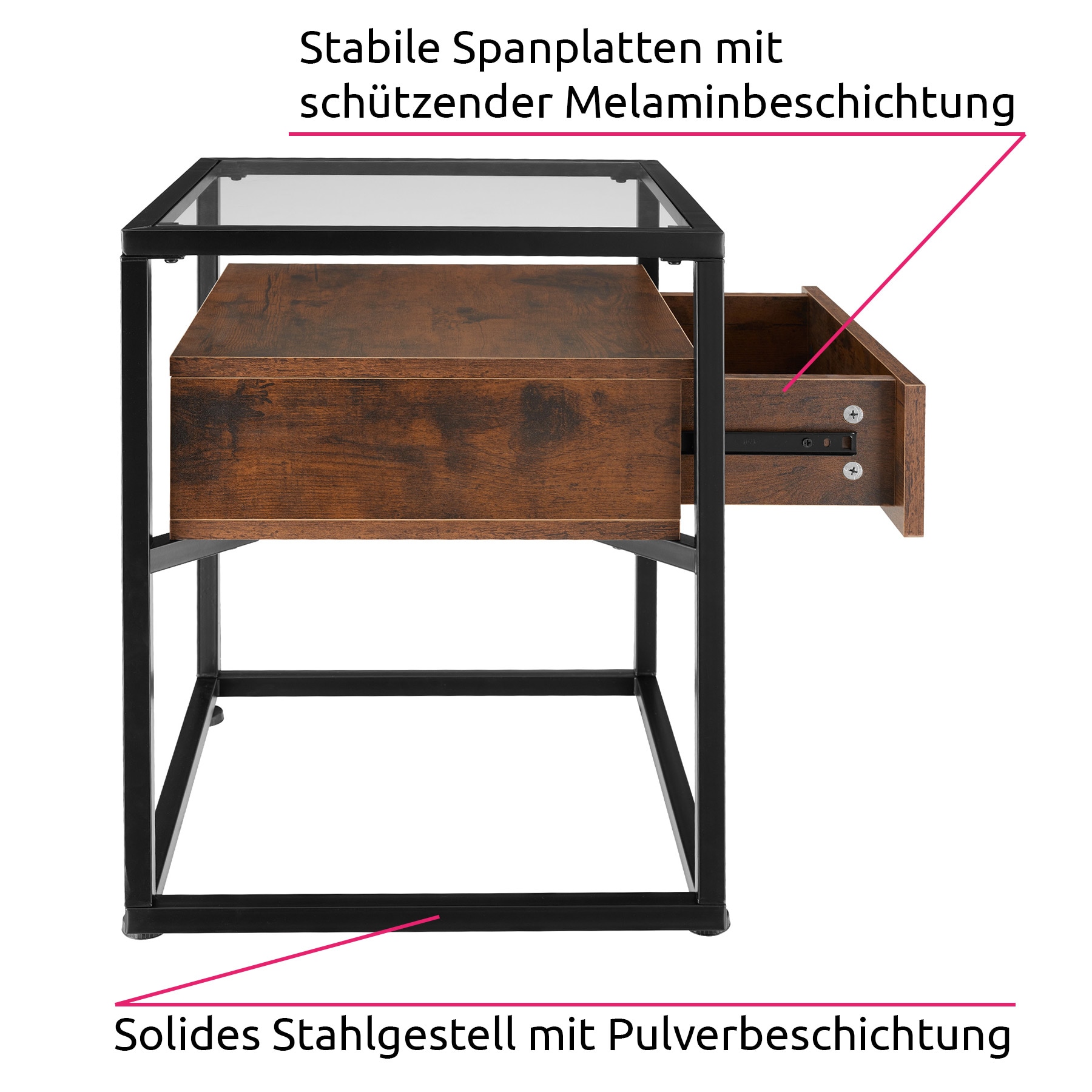 tectake® Nachttisch, Industrial Style, mit Glasplatte und Schublade, 43 x 45 x 54,5 cm