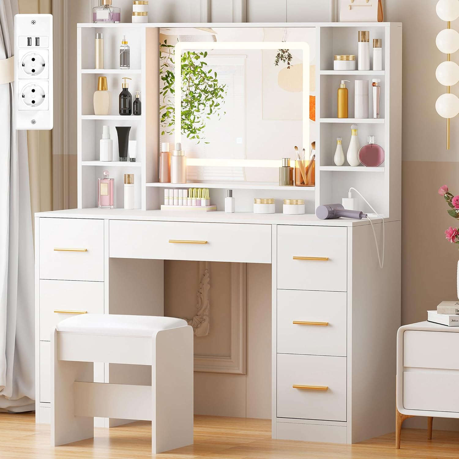 ANWBROAD Große Schminktisch mit LED-Beleuchtung und Steckdosen Moderner Weiß Kosmetiktisch mit Spiegel und Hocker 7 Schubladen und 4 Ablagen Frisiertisch 140×100×40cm BDT65W DP7953738