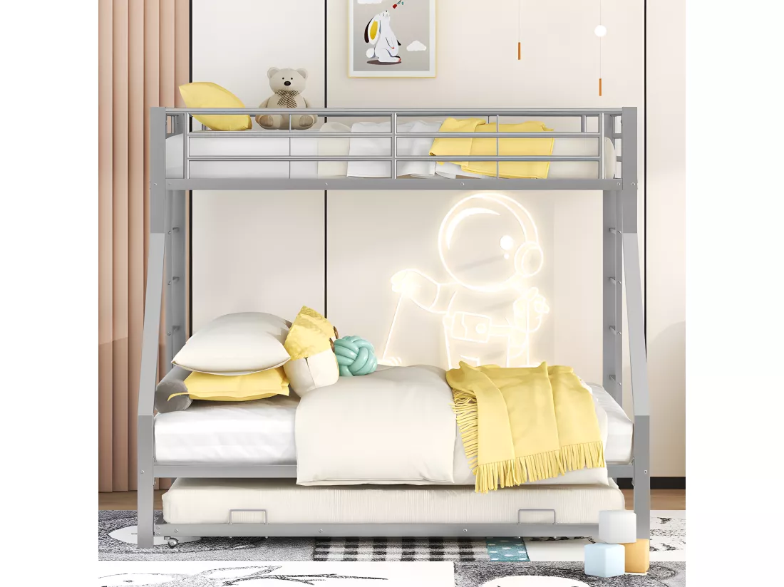 Lit superposé 90/140x200cm avec un lit gigogne 90x190cm - cadre en métal - Argenté