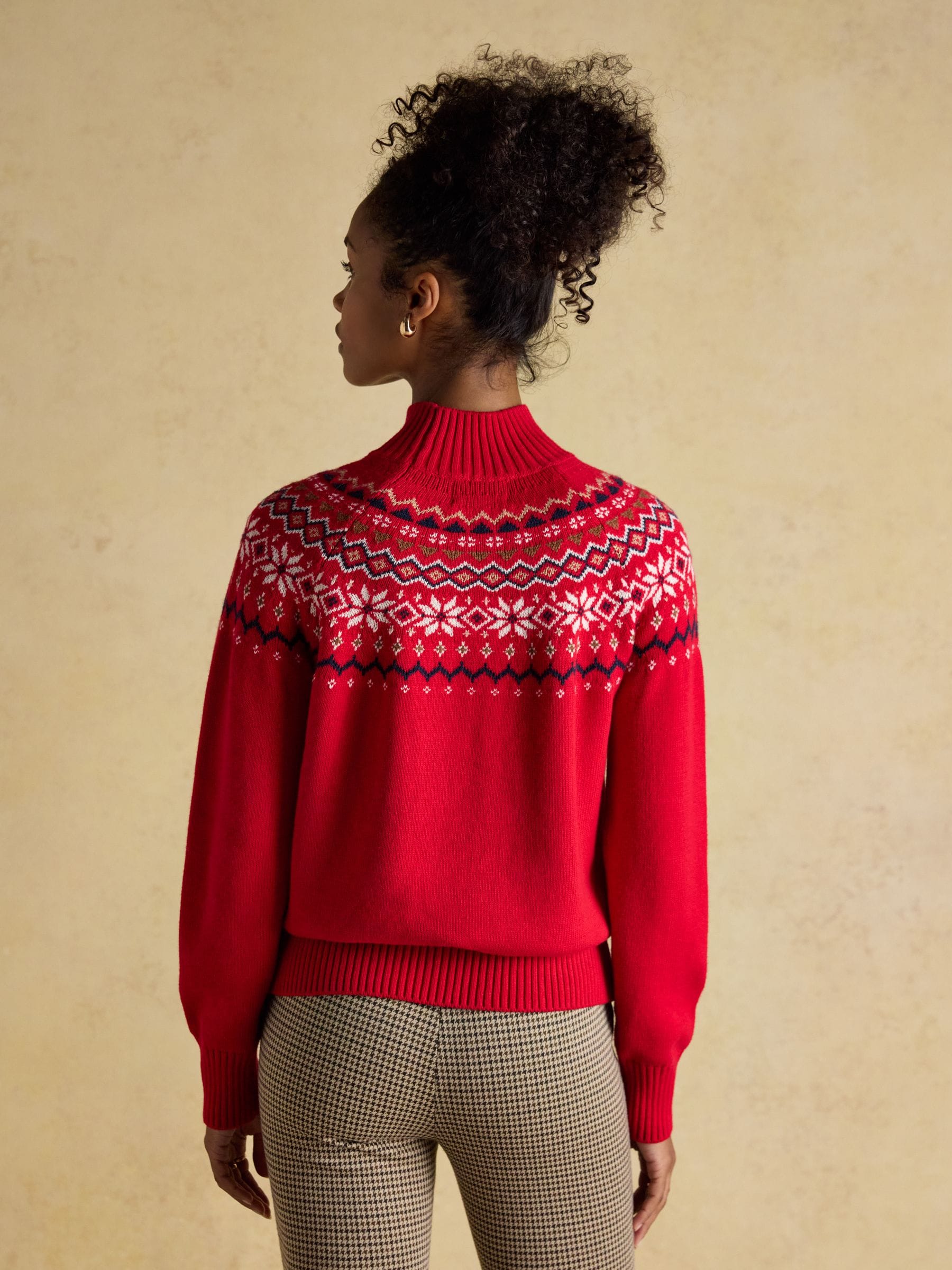 Rood - Joules Alba Fair Isle High Neck Cotton-Blend Jumper