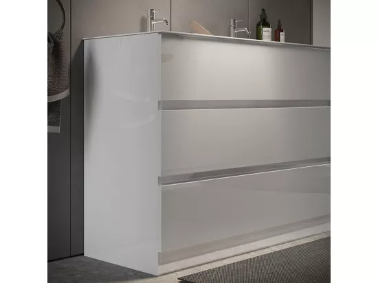 Meuble de salle de bain avec deux vasques et 3 tiroirs, collection VIENNE. Coloris blanc brillant