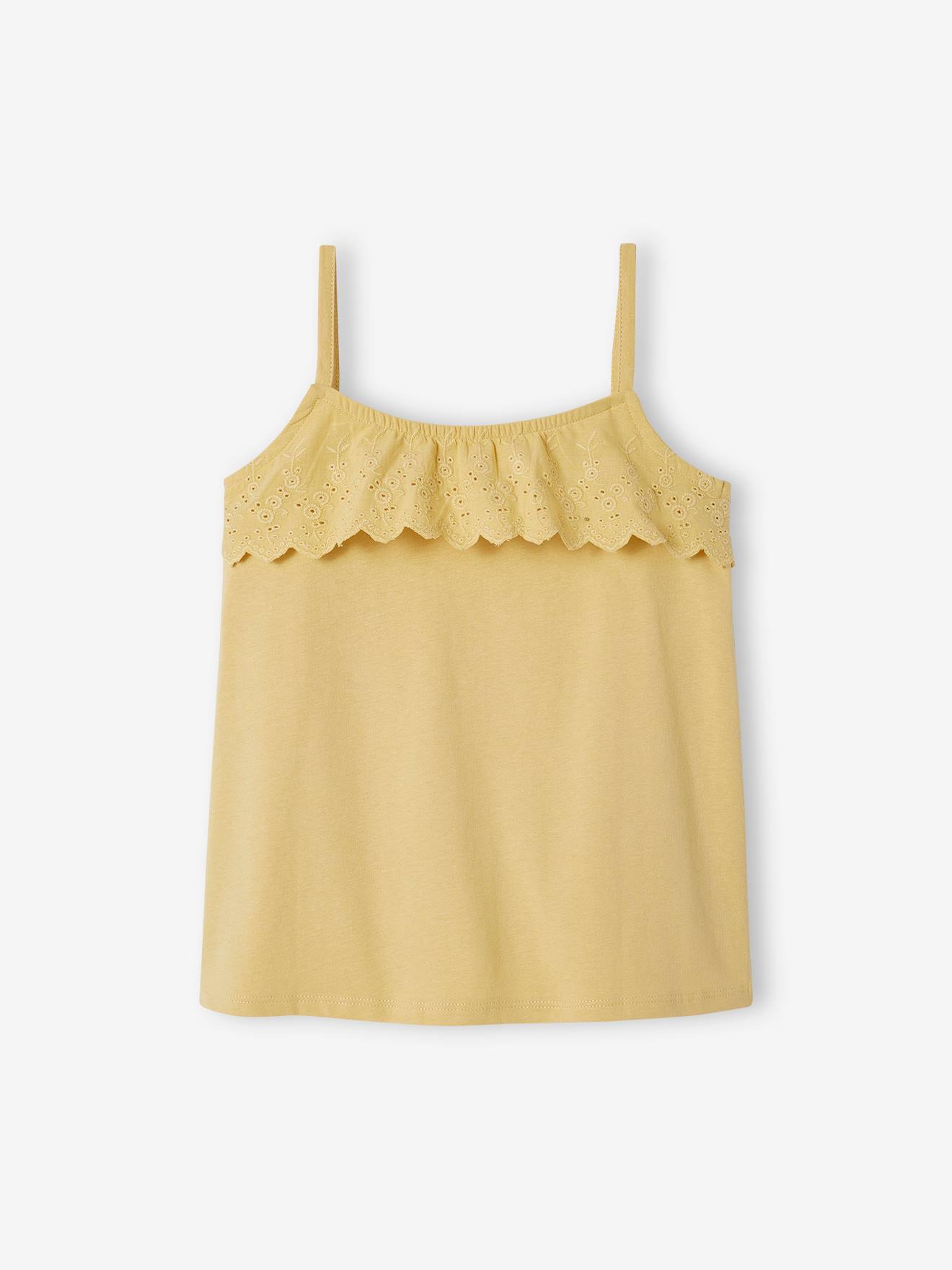 Camiseta sem mangas com babados e bordado inglês, para meninas, amarelo claro.
