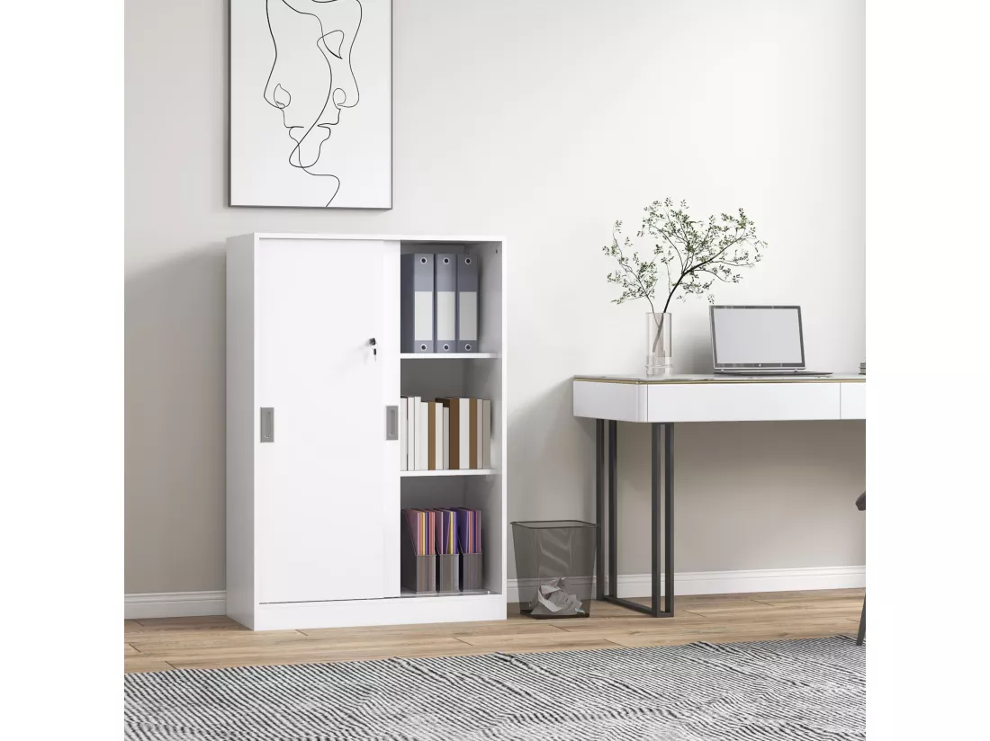Armoire de bureau 2 portes coulissantes verrouillables dim. 80L x 40l x 120H cm 2 étagères panneaux particules blanc