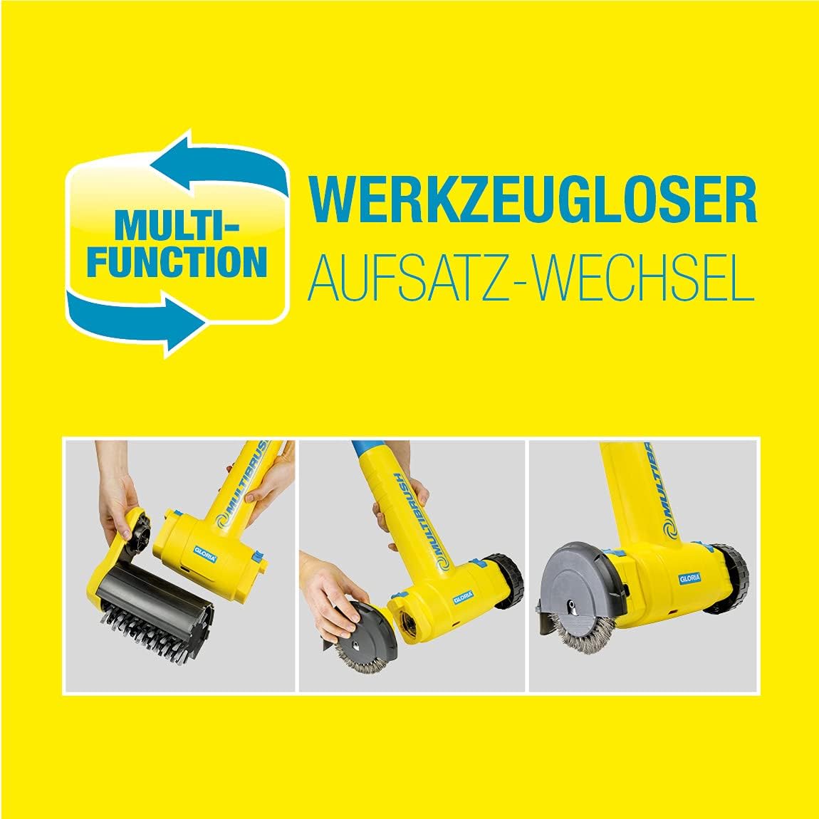 GLORIA MultiBrush speedcontrol – Elektrische Reinigungsbürste, Terrassenreiniger & Fugenbürste für Stein, Holz & Fugen, Rasentrimmer, Rasenkantenschneider & Unkrautbürste, inkl. 2 Aufsätze
