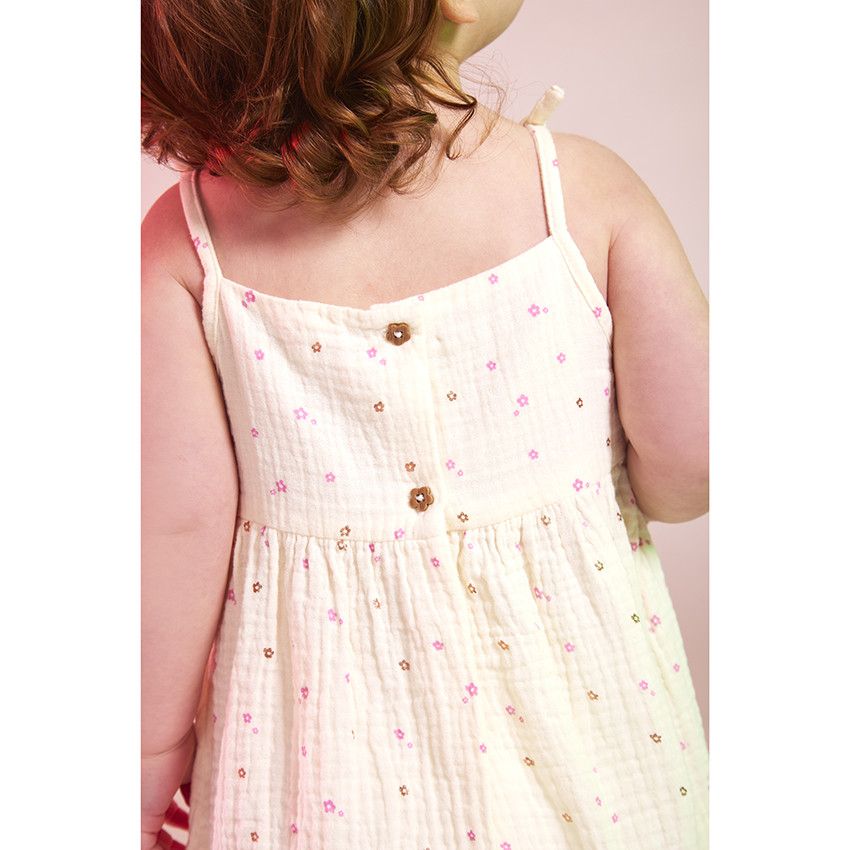 Robe à bretelles en gaze de coton imprimé fleurs pour bébé fille - Ecru