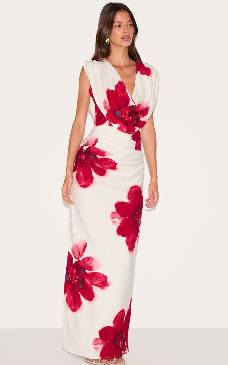 Rouge Robe Longue Imprimée À Col Bénitier Et Détails Froncés