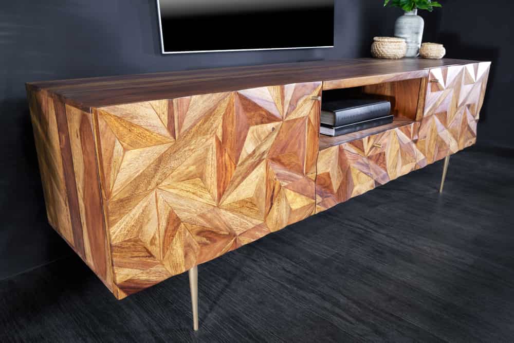 Massives TV-Board ALPINE 160cm braun Sheesham stone finish Metall matt gold