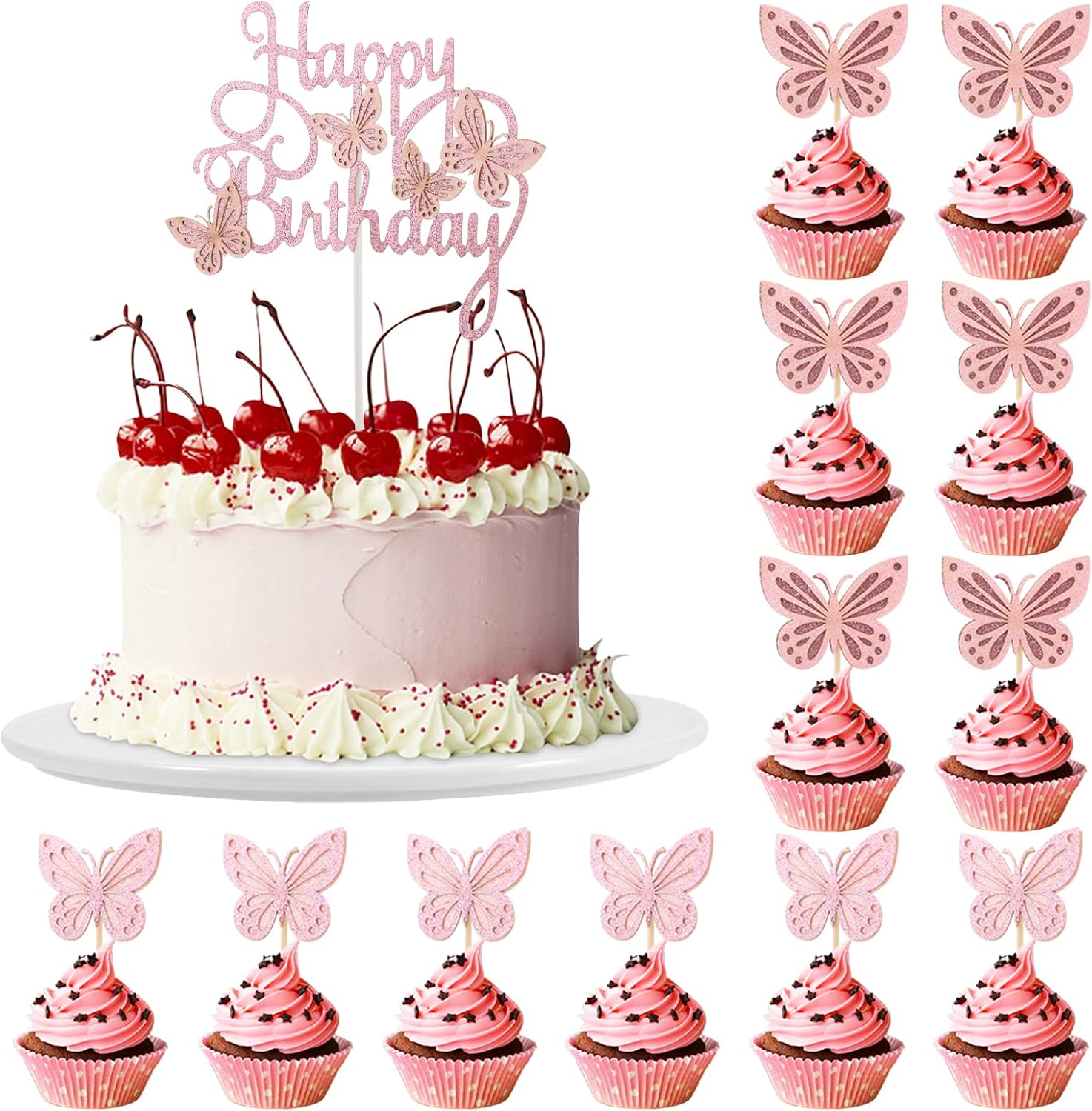 (13-tlg. Set) Kuchenstecker Happy Birthday / Schmetterling Tortenstecker Topper Dekoration für Torten / Kuchen - Roségold