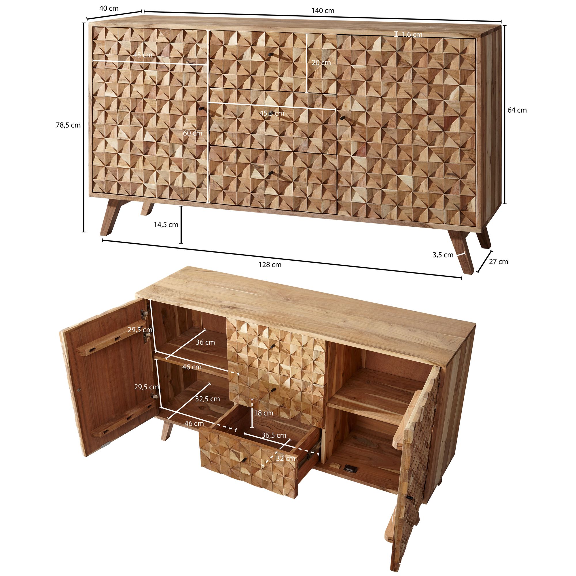 KADIMA DESIGN Sideboard ALME, Massivholz Akazie, 140x78,5x40 cm, Landhaus-Stil, 3 Schubladen & 2 Türen